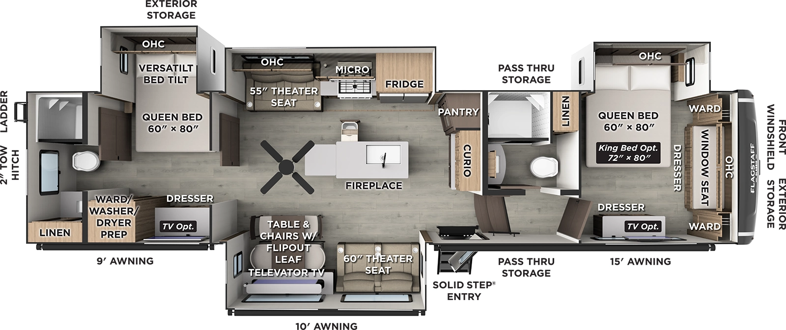 The Flagstaff Classic Fifth Wheels 403CDB floorplan has one entry and four slide outs. Exterior features include: fiberglass exterior, 9', 10' and & 15' awning. Interiors features include: kitchen island, front bedroom, two bedrooms, rear bathroom and two full bathrooms.